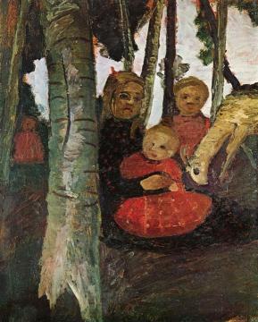 Three Children with goat in the birch forest Artwork by Paula Modersohn-Becker