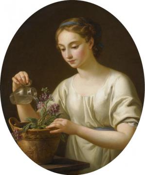 A Young Woman, Watering A Pot Of Flowers Artwork by Joseph Marie Vien