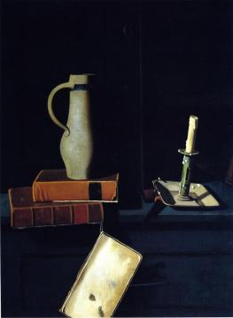 Jug, Books And Candle On A Cupboard Shelf Artwork by John Frederick Peto