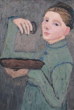 Self-portrait, holding a bowl and a glass Artwork by Paula Modersohn-Becker