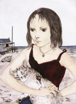 Young Girl with Her Cat on the Beach Artwork by Tsuguharu Foujita