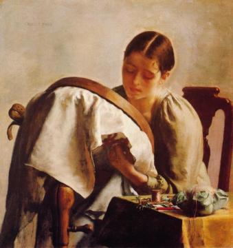 Young Girl Embroidering Artwork by Charles Frederic Ulrich