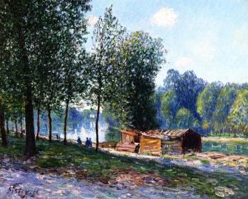 Cabins by the River Loing, Morning Artwork by Alfred Sisley