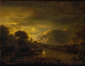 River Scene by Moonlight Artwork by Aert van der Neer