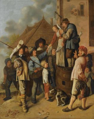 A Man And A Woman Standing On Barrels Reading A Newspaper Out Loud, Surrounded By A Group Of Figures, Outside A Tavern Artwork by Jan Miense Molenaer