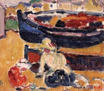 Woman And Child Playing In Front Of Boats Artwork by Louis Valtat