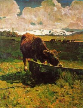 A cow drinking water Artwork by Giovanni Segantini