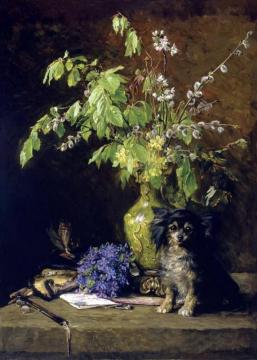 Spring Bouquet With Dog Artwork by Bertha Wegmann