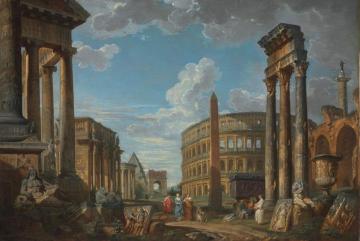 An architectural capriccio with figures among Roman ruins Artwork by Giovanni Paolo Pannini