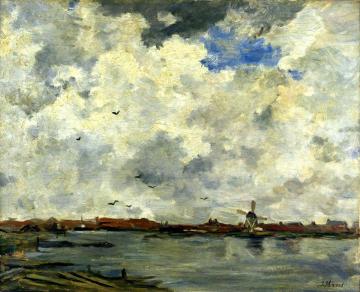 Windmill and Houses beside the Water. Stormy Sky Artwork by Jacob Maris