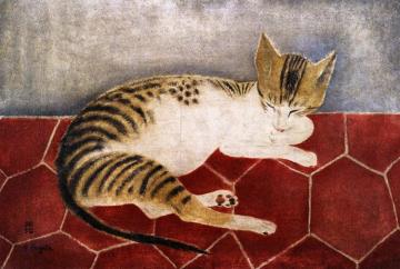 Reclining Cat Artwork by Tsuguharu Foujita