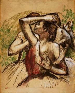 Three Ballet Dancers, One With Dark Crimson Waist Artwork by Edgar Degas