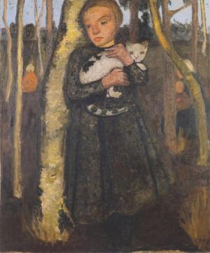Girl with Cat in the birch forest Artwork by Paula Modersohn-Becker