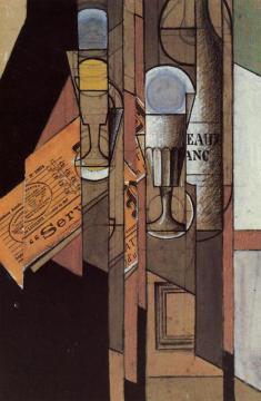 Glasses, Newspaper And Bottle Of Wine Artwork by Juan Gris