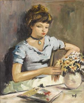 Young Girl By A Table With Flowers Artwork by Marcel Dyf