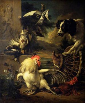 The Intruder: Dead Game, Live Poultry And A Dog Artwork by Jan Weenix