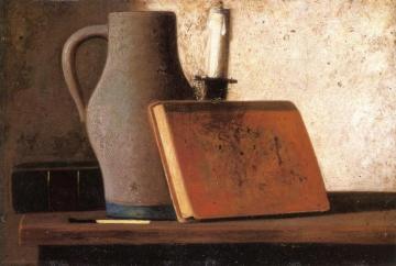 Still Life With Pitcher, Candlestock, Books And Match Artwork by John Frederick Peto