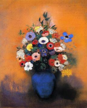 Minosas, Anemonies and Leaves in a Blue Vase Artwork by Odilon Redon