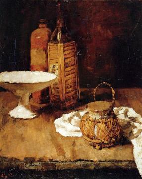 Fruit bowl, stoneware and maraschino bottle, ginger can and napkin Artwork by Carl Eduard Schuch