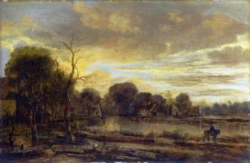 A River Landscape with a Village Artwork by Aert van der Neer