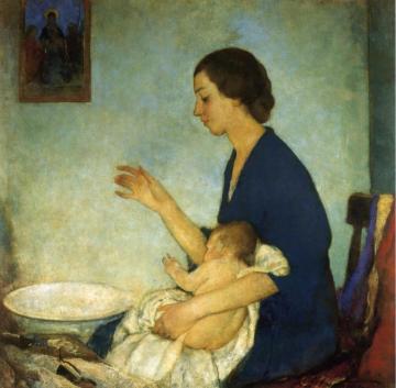 The Bath - Portrait Of Emelyn Nickerson With Baby Artwork by Charles W. Hawthorne