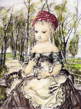 Girl With Two Cats Artwork by Tsuguharu Foujita