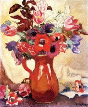 Bouquet Of Anemones And Tulips In A Brown Pitcher Artwork by Louis Valtat