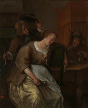 A Man Blowing Smoke at a Drunken Woman, Another Man with a Wine Pot Artwork by Jan Steen