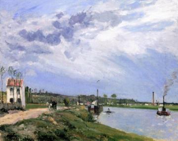 Path by the Oise with Barge, Boat and Tug, Pontoise Artwork by Camille Pissarro