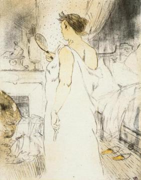 Elles: Woman Looking Into A Hand Held Mirror Artwork by Henri de Toulouse-Lautrec