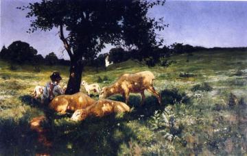 Boy And Sheep Lying Under A Tree Artwork by Henry Ossawa Tanner