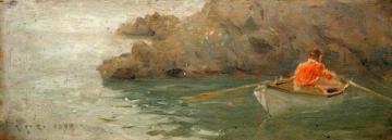 Boy Rowing out from Rocky Shore Artwork by Henry Scott Tuke