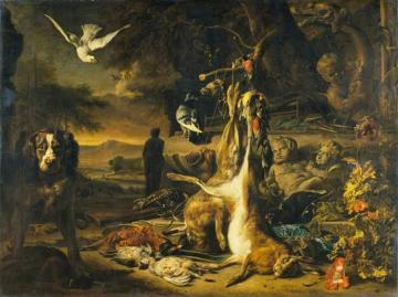 Hares And Pheasant At A Fountain With A Dog Artwork by Jan Weenix