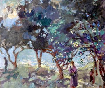 Mediterranean Scene With Olive Trees And Figures By The Sea Artwork by Duncan Grant