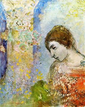 Woman with Pillar of Flowers Artwork by Odilon Redon