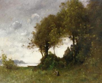 Woman Picking Flowers By The Water Artwork by Paul-Desire Trouillebert