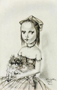 Girl with Cat Artwork by Tsuguharu Foujita