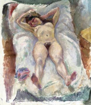 Woman Lying Down With Her Arms Raised Artwork by Jules Pascin