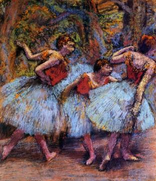 Three Dancers, Blue Skirts, Red Blouses Artwork by Edgar Degas