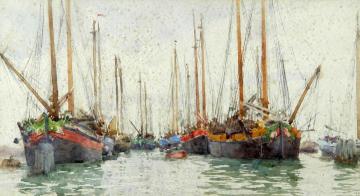 Gaily coloured fishing vessels at anchor Artwork by Henry Scott Tuke