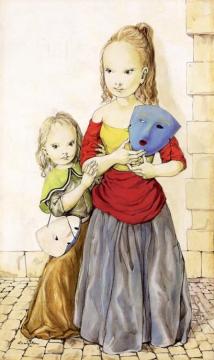 Little Girls with Masks Artwork by Tsuguharu Foujita