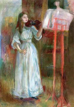 Julie Manet Playing the Violin in a White Dress Artwork by Berthe Morisot