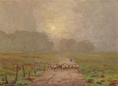 Shepherd Herding Sheep In A Misty Landscape, 1911 Artwork by Granville Redmond