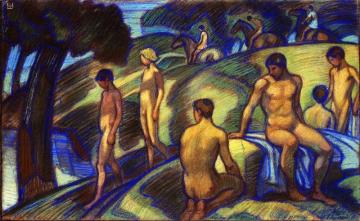 Men, Boys And Horses In A Southern Landscape Artwork by Ludwig von Hofmann