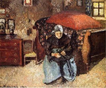 Elderly Woman Mending Old Clothes, Moret Artwork by Camille Pissarro