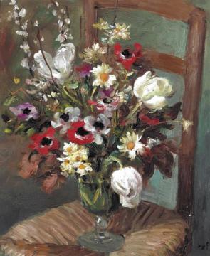Tulips And Anemones On A Chair Artwork by Marcel Dyf
