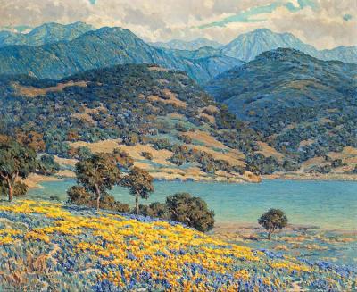 Poppies And Lupine By A Lake With Mountains In The Distance Artwork by Granville Redmond