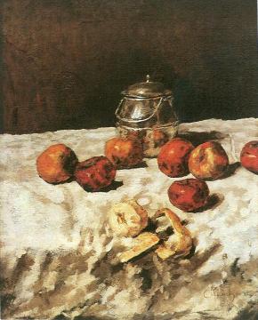 Apples on white with tin box, knife and peeled apple Artwork by Carl Eduard Schuch