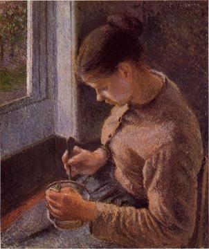 Breakfast, Young Peasant Woman Taking Her Coffee Artwork by Camille Pissarro