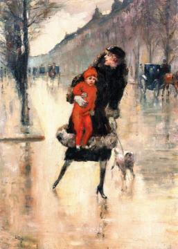 Muther And Child In A Street Crossing Artwork by Lesser Ury